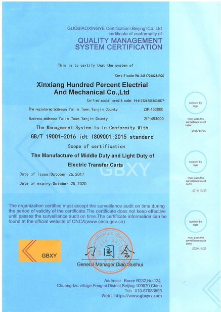 Porcellana Xinxiang Hundred Percent Electrical and Mechanical Co.,Ltd Certificazioni